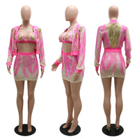 Sequins Sheer Mesh 3 Piece Set Women Sexy Bra + Zipper Long Sleeve Jacket outerwear Crop Top + Bodycon Mini Skirt Club Party Suit