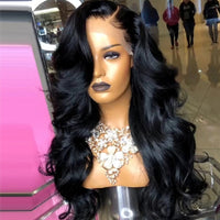 Free Part Jet Black Synthetic Lace Frontal Wigs With Natural Hairline 24 Inches Long Body Wave Lace Wig