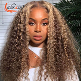 13x6 Kinky Curly HD Lace Frontal Human Hair Wigs Highlight Honey Blonde Lace Front Deep Wave Wig 30 Full Ombre Brown Color