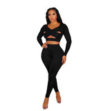 Sportswear Fitness Cross Strap Cut Out Long Sleeve Crop Top + Leggings Two Piece Set Club Outfits