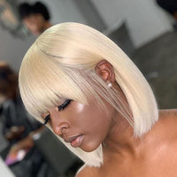 Glueless Short Human Hair Wigs With Bangs Blonde Yellow Purple Brazilian Straight Hair Short Bob Wigs - Divine Diva Beauty