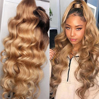 26 Inch Long Ombre Honey Blonde Body Wave Preplucked Lace Front Wig 180% Density Synthetic Baby Hair Glueless