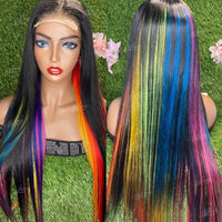 Natural Black Blue Green Rainbow Colored Human Hair Wigs for Women 13x4 Straight Lace Front Wig Pre Plucked Hairline - Divine Diva Beauty