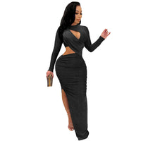 Elegant Glitter Solid Runched Long Women Dress Sexy Cut Out O Neck Long Sleeve High Slit Evening Club Party Dress