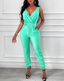 Women Office Wear Sleeveless Pocket Design Backless Jumpsuit