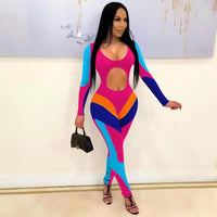 Sexy Cut Out Striped Patchwork Bodycon Jumpsuit Women Long Sleeve Party Club Outfits Sporty Romper bodysuit