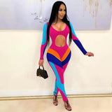 Sexy Cut Out Striped Patchwork Bodycon Jumpsuit Women Long Sleeve Party Club Outfits Sporty Romper bodysuit