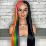 Half Blonde Half Rainbow highlight Straight Lace Front Wig Purple Pink Blue Green Yellow Lace Front Human Hair Wigs - Divine Diva Beauty