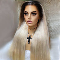 Ombre Blonde Synthetic Lace Front Wigs Long Straight Hair 13X4 Lace Frontal Wig Pre Plucked Lace Wig