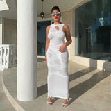 See Through Mesh Patchwork Maxi Dress O Neck Sleeveless Bodycon