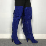 Blue Thigh High Fringe Boots Stiletto 4 inch High Heels 11+