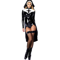 Women Saintlike Seductress Costume Faux Leather PVC Wetlook Nun Costume Halloween Cosplay Fancy Dress