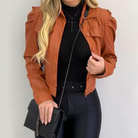 Solid Pocket Button Pleated OL Fashion Tops Women Full Sleeve PU Turn Down Collar Slim Leather Jacket OUTERWEAR