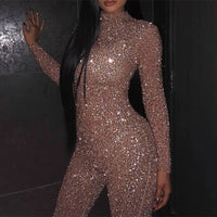 Long Sleeve Bronzing Sequins Glitter Solid Color Sexy Round Collar bodysuit