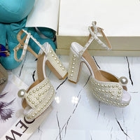 Pearl Platform Sandals Women Open Toe Rhinestone Diamond Square High Heels shoes