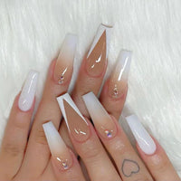24pc Press On Nails French False Nails Detachable White Gradient Rhinestone Long Coffin Fake Nails with Glue Faux Ballerina Nail