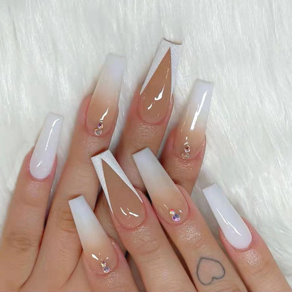 24pc Press On Nails French False Nails Detachable White Gradient Rhinestone Long Coffin Fake Nails with Glue Faux Ballerina Nail