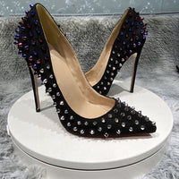 12cm high heels, pointed, Party high heels, Black suede high heels rivets