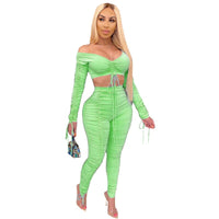 Lace Up Drawstring Two Piece Set Women Off Shoulder Crop Top Runched Stacked Pants 2 Piece Set