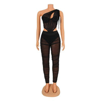 2 Piece Sets Black Sheer Mesh Irregular Top and Leggings Set - Divine Diva Beauty