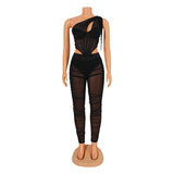 2 Piece Sets Black Sheer Mesh Irregular Top and Leggings Set - Divine Diva Beauty