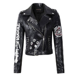 Faux Leather Jacket Turn-Down Collar Letter Print - Divine Diva Beauty