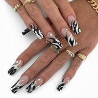 24pcs/set Long Stiletto Fake Nails Punk Snake Pattern Black White Matte False Nails Artificial Full Nail Tips Manicure Tools - Divine Diva Beauty