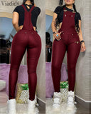 Women Fashion Buckled Zipper Design PU Suspender Jumpsuit pants