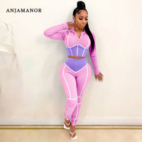 Caged Color Block Fashion Sweat Suits Women Tracksuit Zip Up Cropped Hoodie and Pants Two Piece Sets activewear