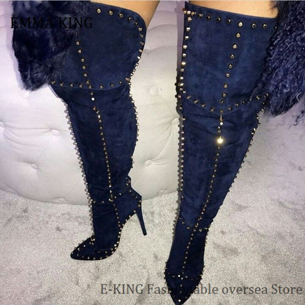 Faux Suede Studded Over The Knee High Boots