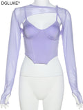 Purple Long Sleeve Crop Top Spaghetti Strap Corset Top Shirt - Divine Diva Beauty