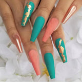 24pcs Long Coffin False Nails Wearable Ballerina Fake Nails Orange gradient gold foil nails Full Cover Nail Tips Press On Nails