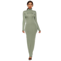 Plus Size avail Party Solid Color Women Long Sleeve Turtleneck Bodycon Maxi Dress