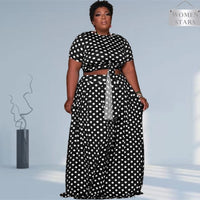 Plus Size avail Two Piece Set Dots Print Bandage and Full Length Maxi Skirt suit