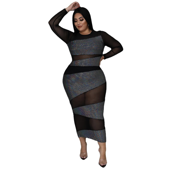 Plus Size avail Black Mesh Sequined Long Sleeve Slim Party Dress