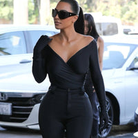 Solid Deep V Neck Pleated Long Sleeves With Gloves Bodysuit