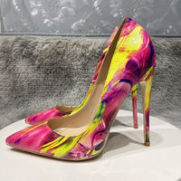 4 inch heel Glossy Colorful Print Women Pointed Toe High Heels Ladies Slip On Stilettos Pumps Sexy Night Club Thin Heel Shoes 11+