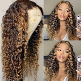 Highlight Ombre #4/27 Colored Lace Frontal Wig Water Wave Curly Human Hair Wigs Deep Wave Frontal Wigs Pre Plucked