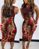 Sleeveless Printed Sexy Slim Pullover O Neck Midi Bodycon Dress - Divine Diva Beauty