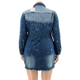 Long Sleeve Denim Mini Dress Ripped Sexy Plus Size avail