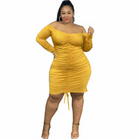 Plus Size avail Solid Color Long Sleeve off shoulder  Shirring Dress