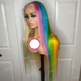 Half Blonde Half Rainbow highlight Straight Lace Front Wig Purple Pink Blue Green Yellow Lace Front Human Hair Wigs - Divine Diva Beauty