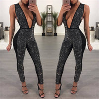 Sexy Deep V-neck Bodycon Jumpsuit for Women Rompers Rhinestone bodysuit