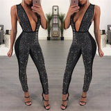 Sexy Deep V-neck Bodycon Jumpsuit for Women Rompers Rhinestone bodysuit