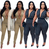 Sexy Deep V-neck Bodycon Jumpsuit for Women Rompers Rhinestone bodysuit