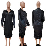 Plus Size Dresses Zipper Sexy Black Dress Clubwear Stretchy Leather Long Sleeve Midi Dress Bodycon