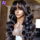 Long Wavy Human Hair Wig With Bangs Brazilian Remy Hair Machine Made O Scalp Top Wig 200 Density Glueless