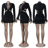 Black Sparkly Elegant Rhinestone Club Party Dress with Feathers Short Bodycon Mini Dress