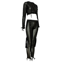Lace Up Long Sleeves Hook And Eye Embellished Crop Top And Mesh Skinny  two piece Set