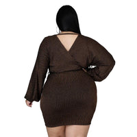 Brown Plus Size avail Long Sleeve Lace Up Sexy Backless Short Mini Dress